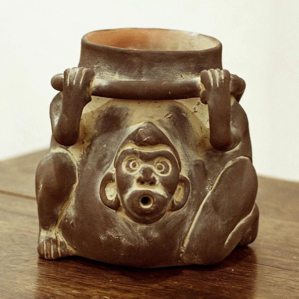 Ceramic Monkey Shaped Jar Replica in Brown from Mexico 'Monkeyshines'