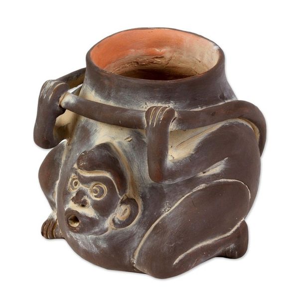 Alternate image for Ceramic Monkey Shaped Jar Replica in Brown from Mexico Monkeyshines