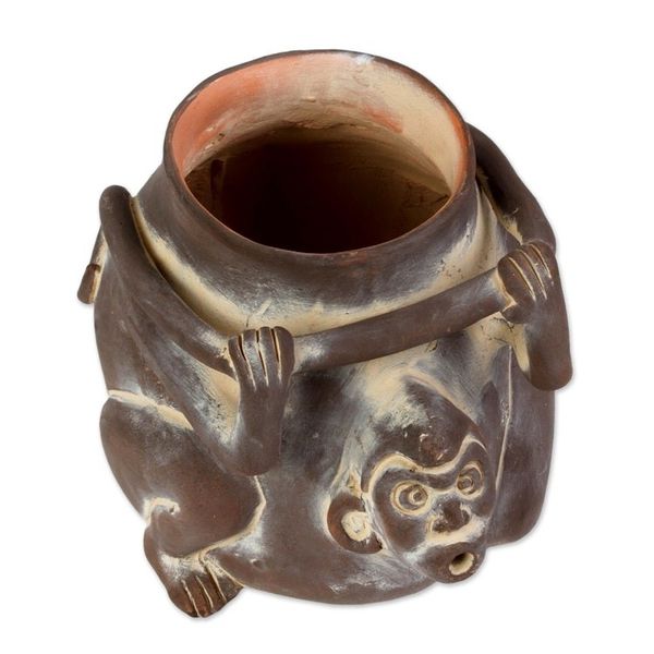 Alternate image for Ceramic Monkey Shaped Jar Replica in Brown from Mexico Monkeyshines