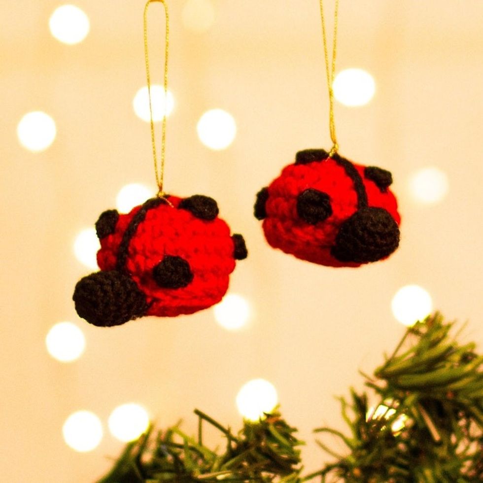 Crocheted Lady Bug Hanging Ornaments from Mexico Pair 'Holiday Ladybugs'