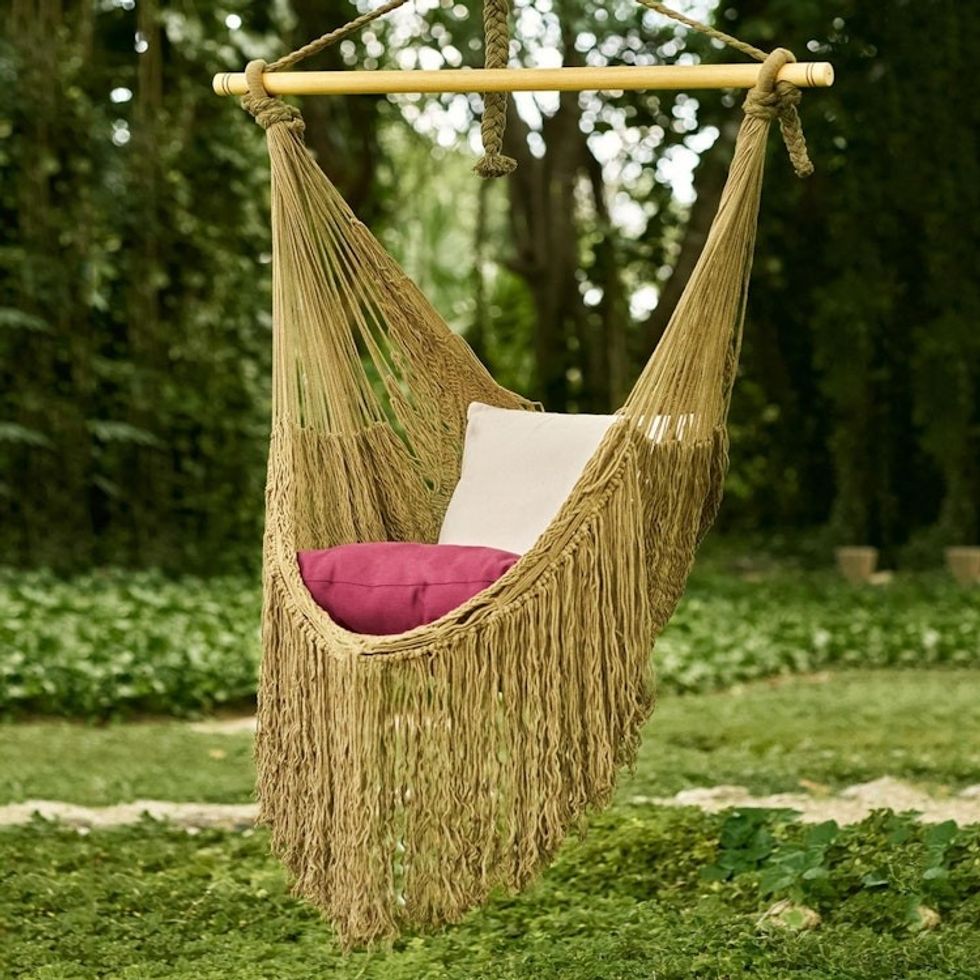 Olive Green Fringed Cotton Rope Mayan Hammock Swing 'Sea Breezes in Olive Green'