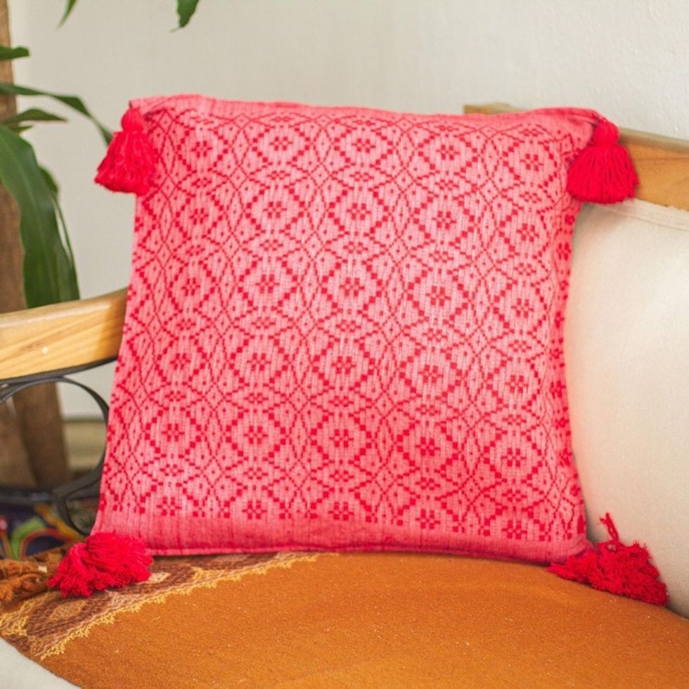 Red Hand Woven Cotton Cushion Cover 'Oaxaca Diamonds in Chili'