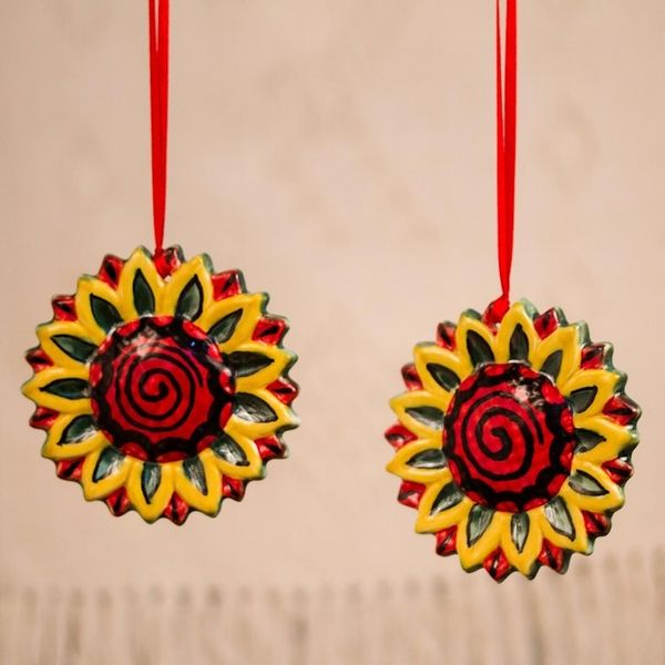 Alternate image for Artisan Crafted Ceramic Sunflower Ornaments Pair Holiday Sunflowers