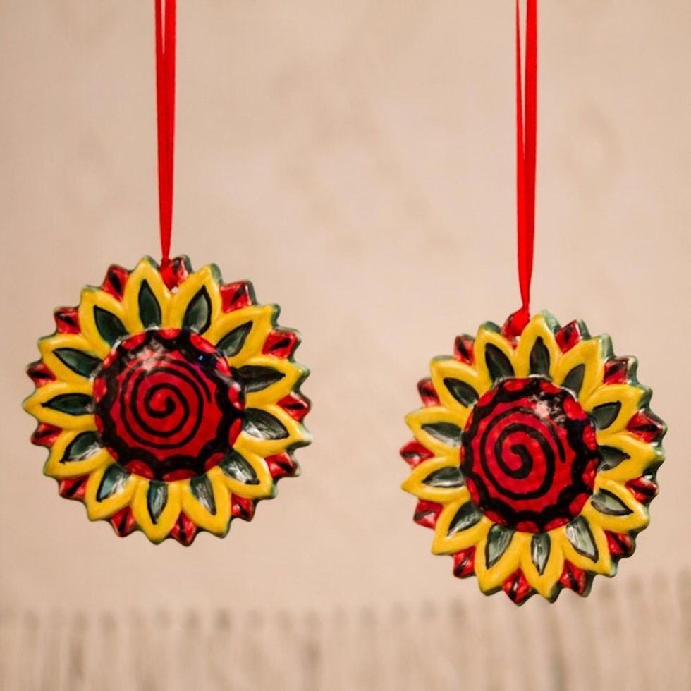 Artisan Crafted Ceramic Sunflower Ornaments Pair 'Holiday Sunflowers'