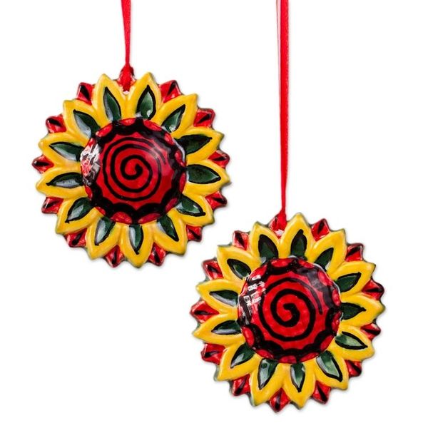 Alternate image for Artisan Crafted Ceramic Sunflower Ornaments Pair Holiday Sunflowers
