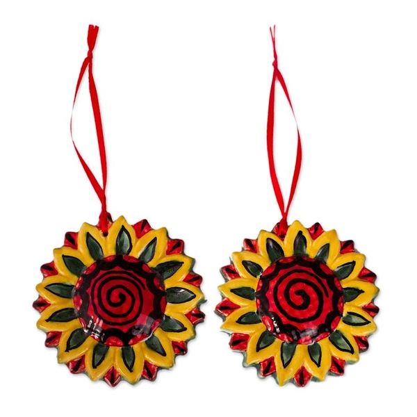 Alternate image for Artisan Crafted Ceramic Sunflower Ornaments Pair Holiday Sunflowers