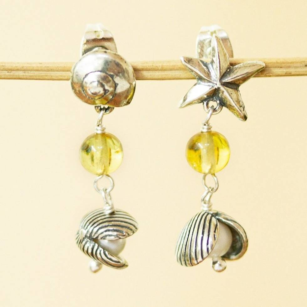 Ocean-Themed Amber Dangle Earrings from Mexico 'Amber Sea'