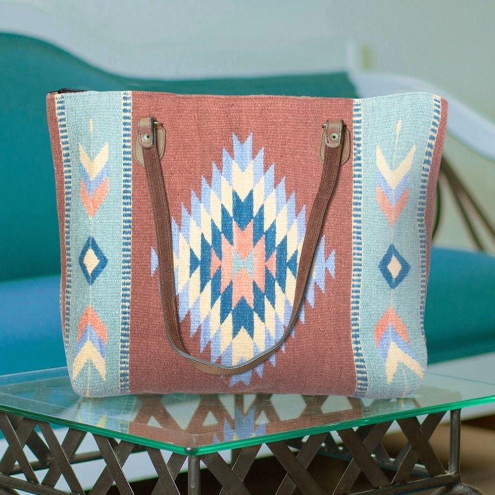 Zapotec Handwoven Orange and Blue Leather Accent Wool Tote 'Blue Starburst'