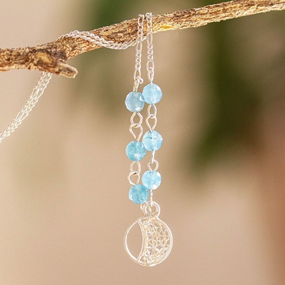 Sterling Silver Filigree Pendant Necklace with Quartz Beads 'Phases of the Moon'