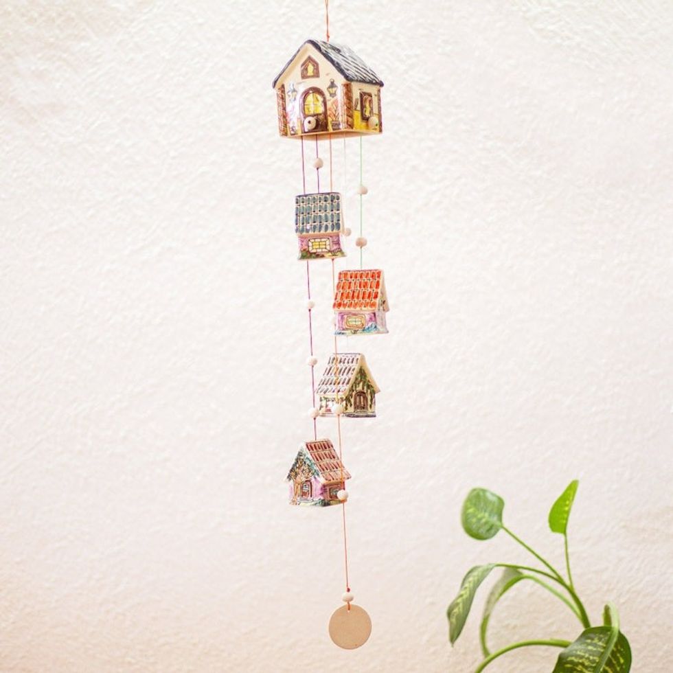 Ceramic Cottage Wind Chime Decor Accent 'Cozy Cottages'