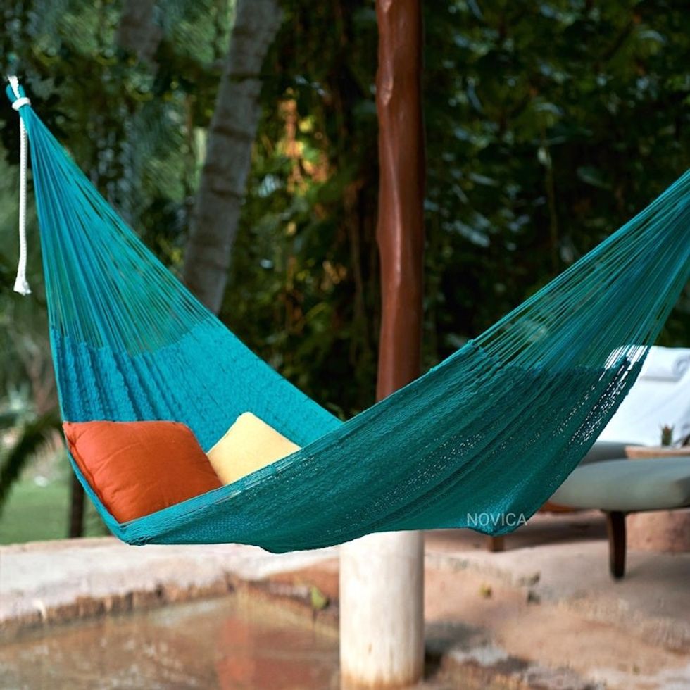 Teal Cotton Rope Hammock Double from Mexico 'Sunset Siesta in Teal'