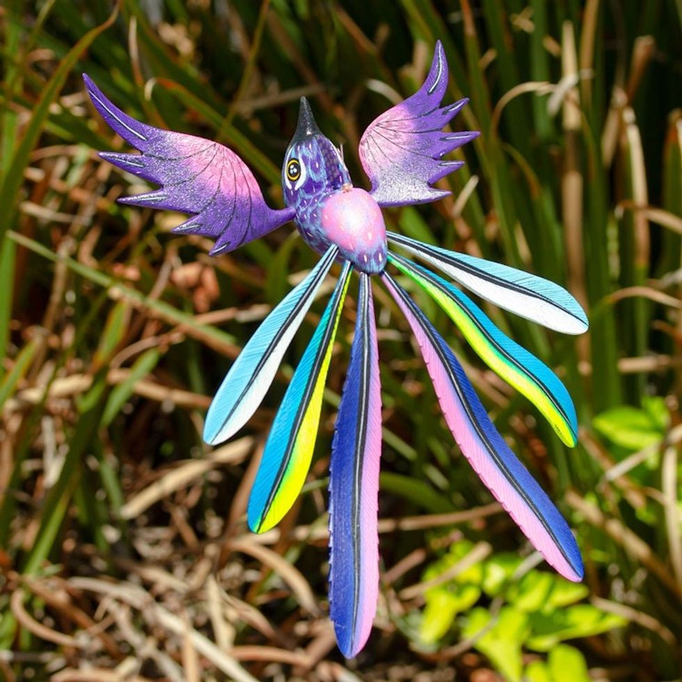 Artisan Crafted Bird Alebrije Sculpture 'Purple Quetzal'