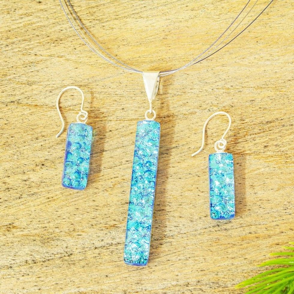 Dichroic Art Glass Icy Blue Necklace Earrings Set 'Crystalline Sky'