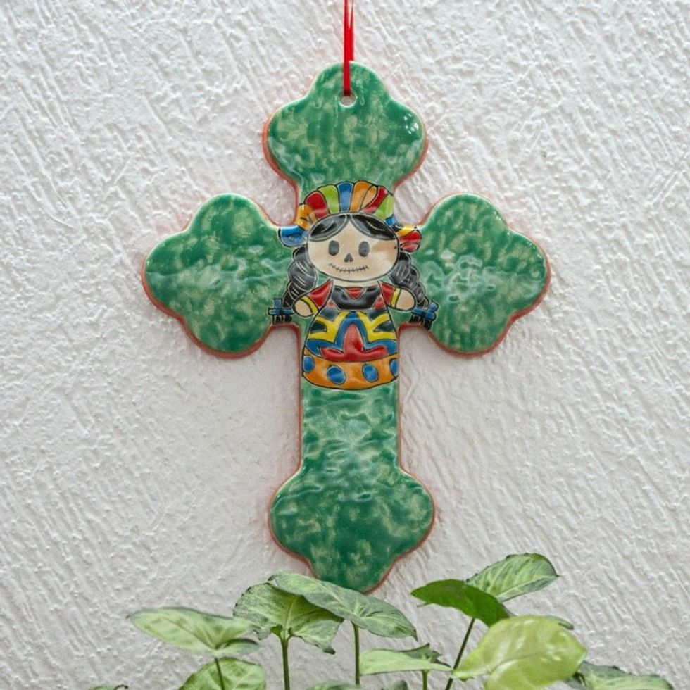 Majolica Style Ceramic Wall Cross with Doll Motif 'Faithful Doll'