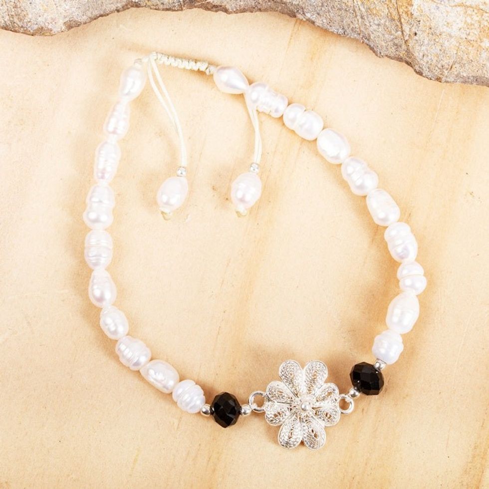 Cultured Pearl and Sterling Silver Filigree Flower Bracelet 'River Flower'