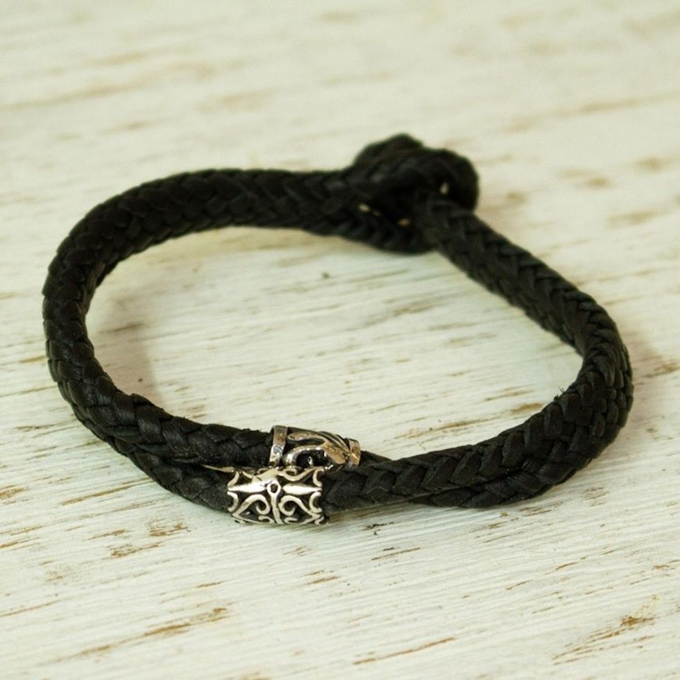 Silver Braided Black Leather Men's Bracelet from Taxco 'Cultures'