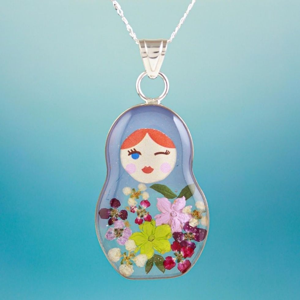Blue Matryoshka Doll Pendant Necklace with Natural Flowers 'Blue Mexican Matryoshka'