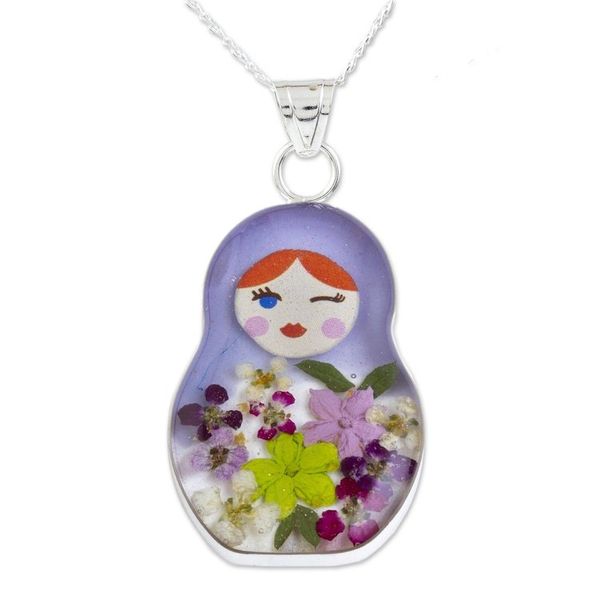 Alternate image for Blue Matryoshka Doll Pendant Necklace with Natural Flowers Blue Mexican Matryoshka