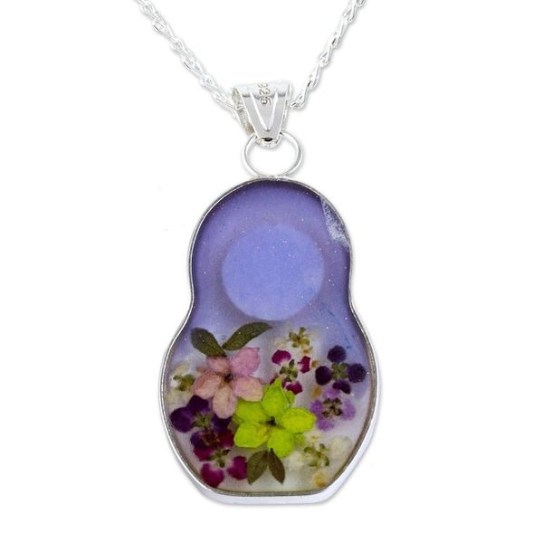 Alternate image for Blue Matryoshka Doll Pendant Necklace with Natural Flowers Blue Mexican Matryoshka