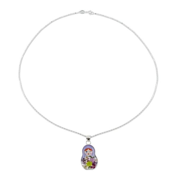 Alternate image for Blue Matryoshka Doll Pendant Necklace with Natural Flowers Blue Mexican Matryoshka