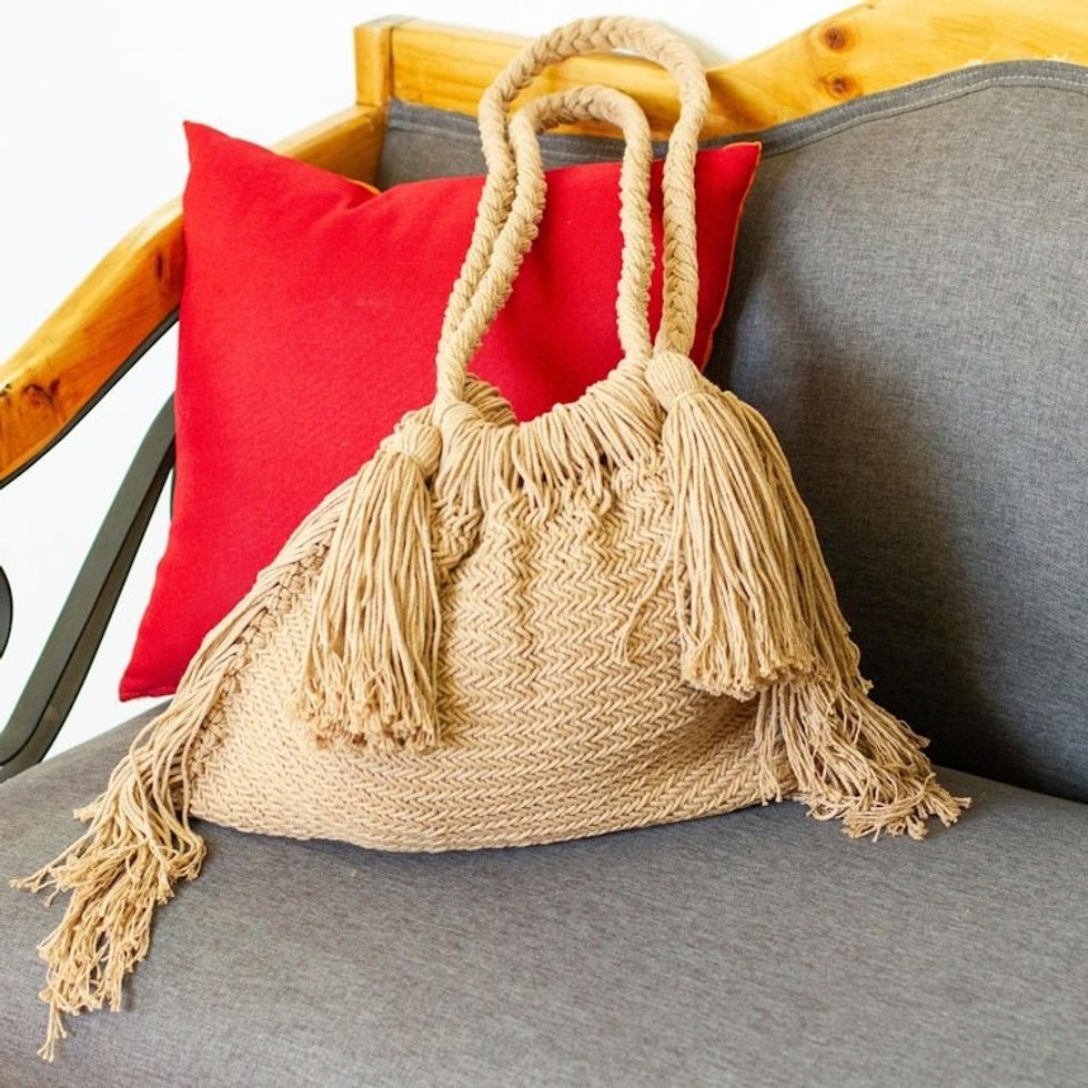 Handcrafted Cotton Macrame Shoulder Bag 'Terra Fria in Sand'