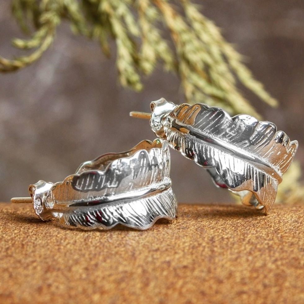Taxco Sterling Silver Half Hoop Earrings with Leaf Motif 'Mexican Fall'
