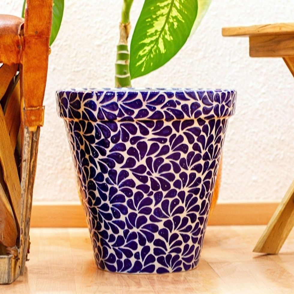13-Inch Blue Ivory Talavera Style Ceramic Flower Pot 'Puebla Petals'