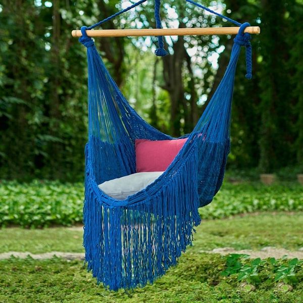 Alternate image for Fringed Navy Cotton Rope Mayan Hammock Swing from Mexico Sea Breezes in Midnight Blue