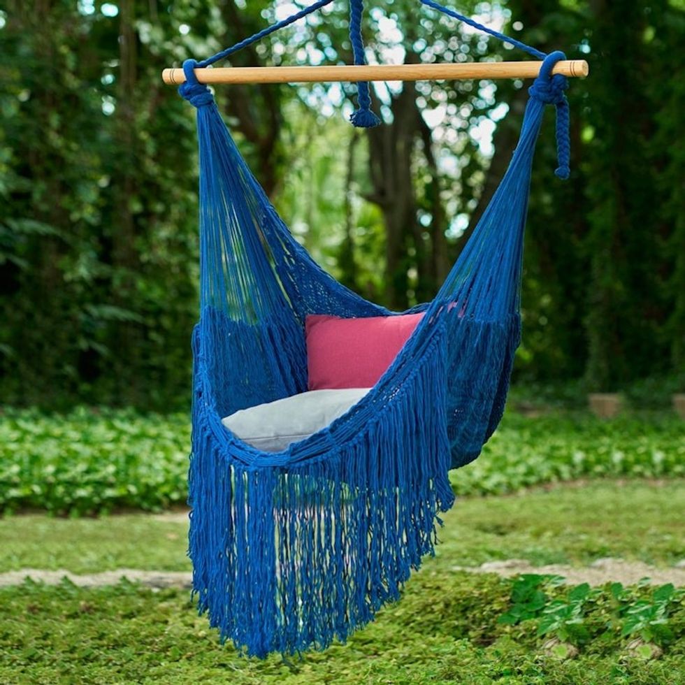 Fringed Navy Cotton Rope Mayan Hammock Swing from Mexico 'Sea Breezes in Midnight Blue'