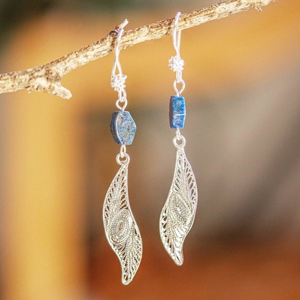 Alternate image for Mexican Sterling Silver Filigree Dangle Earrings Laurel Leaf
