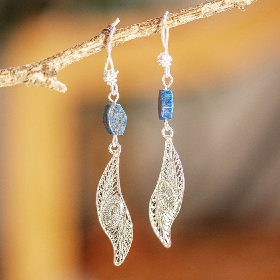 Mexican Sterling Silver Filigree Dangle Earrings 'Laurel Leaf'