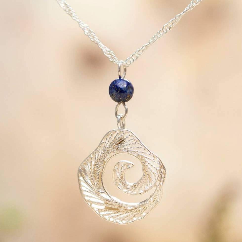 Lapis Lazuli Filigree Pendant Necklace in Conch Design 'Spiral Evolution'