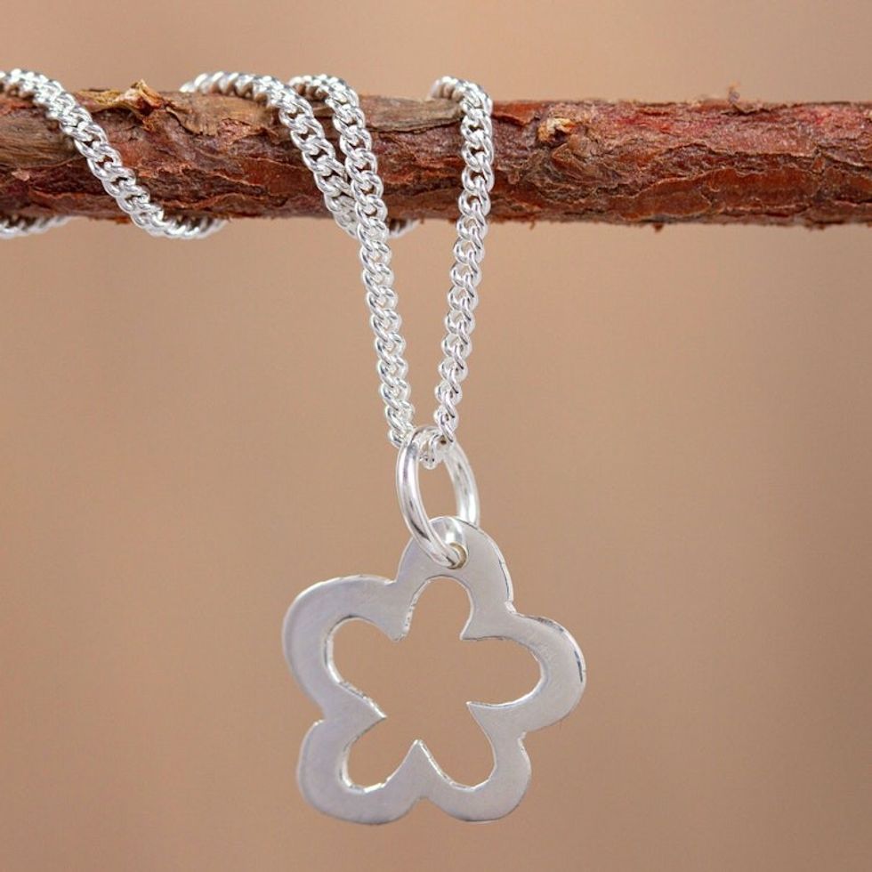 Floral Pendant Necklace in Sterling Silver 'Solitary Flower'