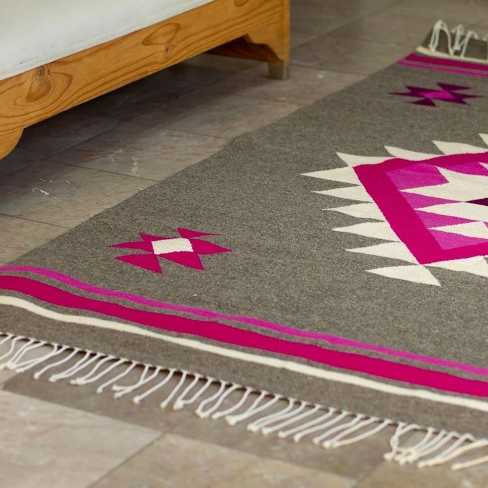 Magenta and Grey Wool Area Rug from Mexico 4x6.5 'Solar Symbol'