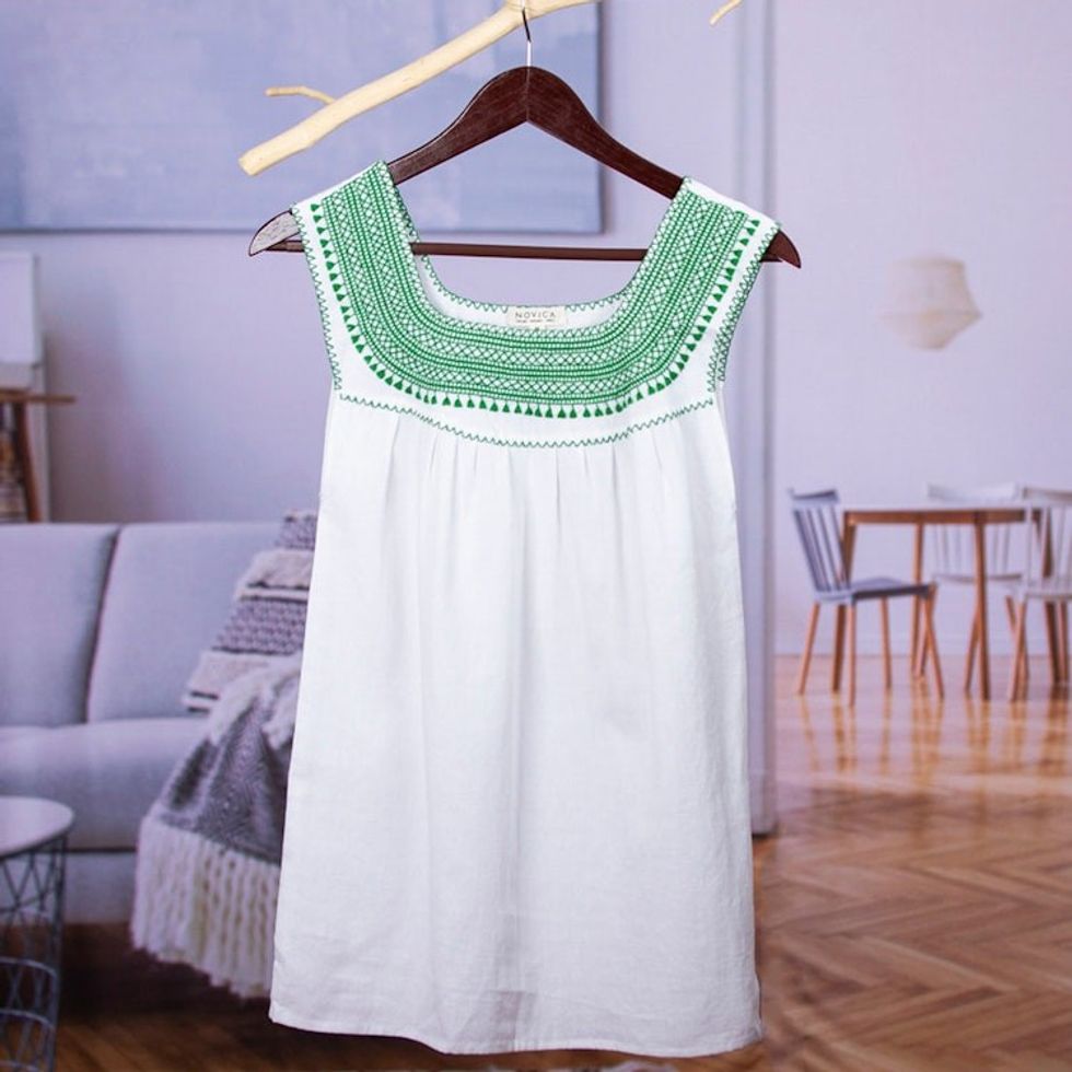 Hand Embroidered White Cotton Blouse with Green Embroidery 'Poem in Green'