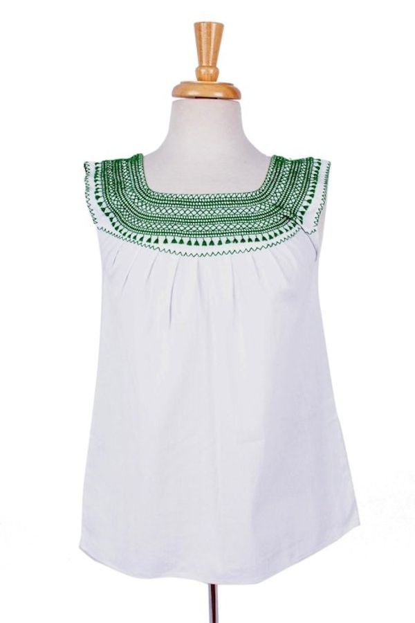 Alternate image for Hand Embroidered White Cotton Blouse with Green Embroidery Poem in Green