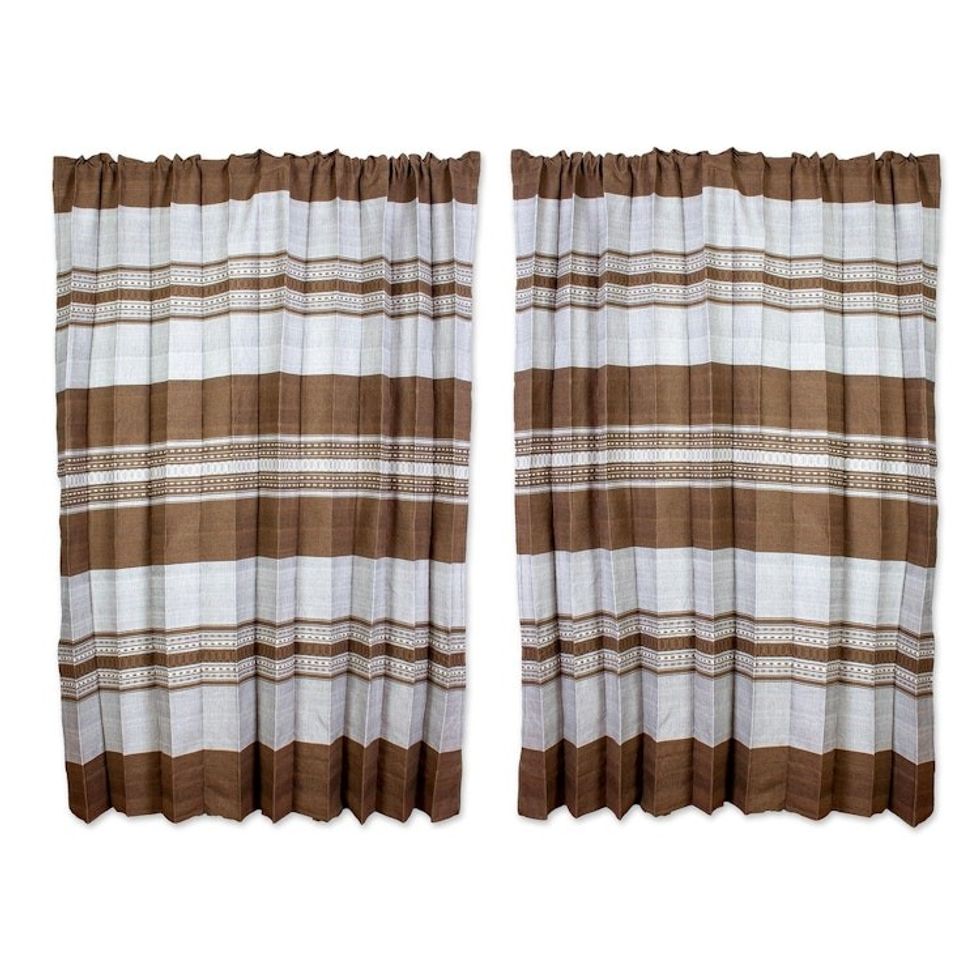 Brown and White 100 Cotton Curtains from Oaxaca Pair 'Coffee and Milk'
