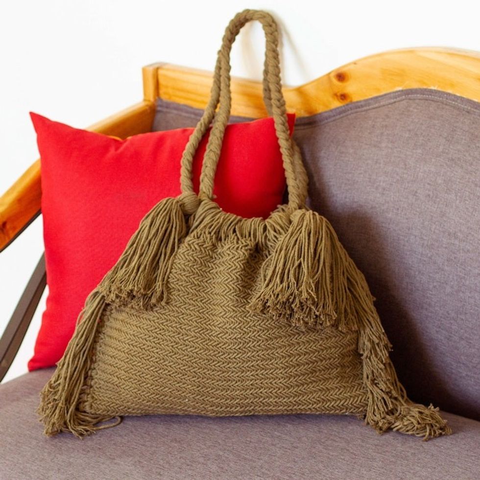 Green Cotton Macrame Shoulder Bag 'Terra Fria in Olive'