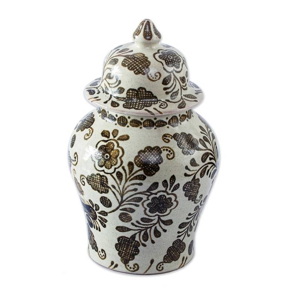 Beige Brown Handmade Talavera Style Decorative Ginger Jar 'Brown Crosshatch Blossoms'