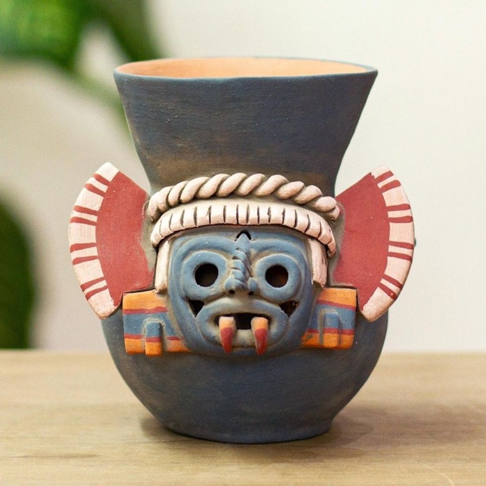 Handcrafted Signed Ceramic Aztec Tlaloc Replica Vessel 'Lord of the Rainstorm'