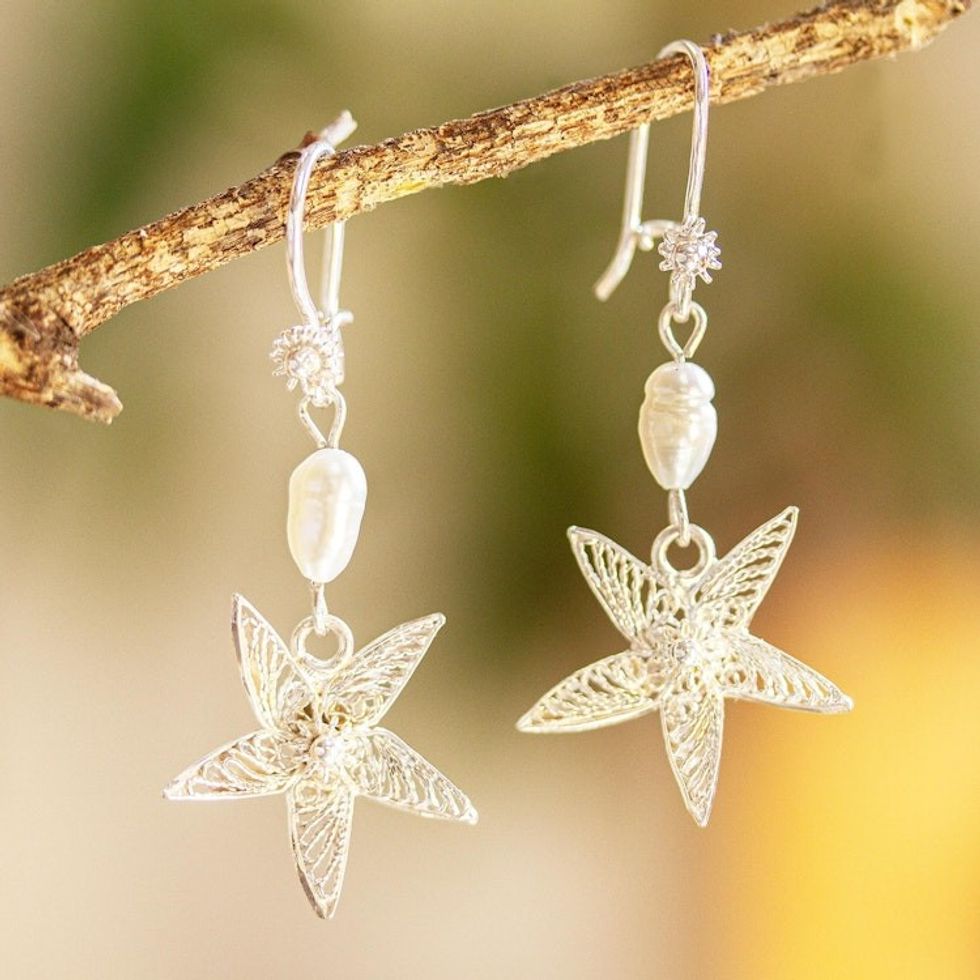 Sterling Silver Filigree and Cultured Pearl Dangle Earrings 'Jasmine Stars'