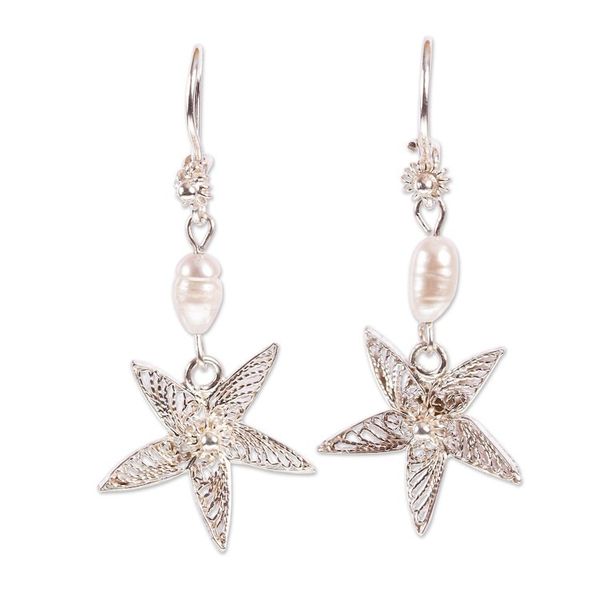 Alternate image for Sterling Silver Filigree and Cultured Pearl Dangle Earrings Jasmine Stars