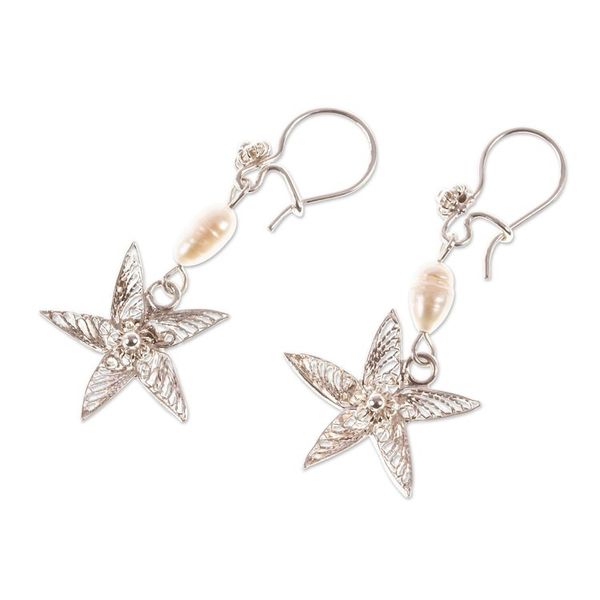 Alternate image for Sterling Silver Filigree and Cultured Pearl Dangle Earrings Jasmine Stars