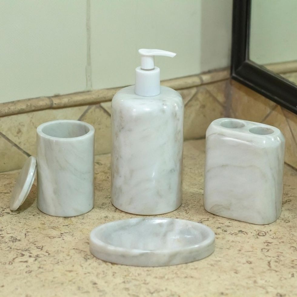 Handcrafted Marble Bath Accessory Set 5 Pieces 'Vanity Fair in Beige'