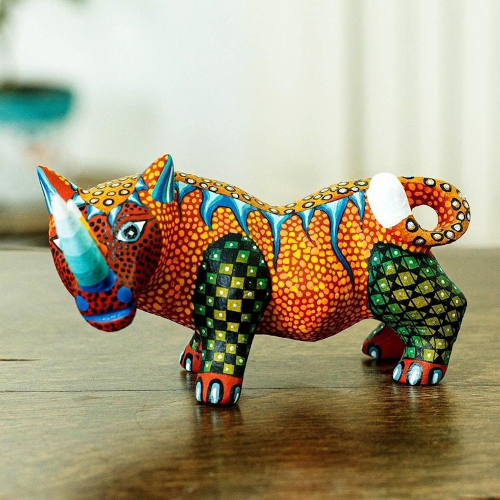 Yellow Orange Dominant Rhinoceros Alebrije Sculpture 'Cautious Amber Rhino'