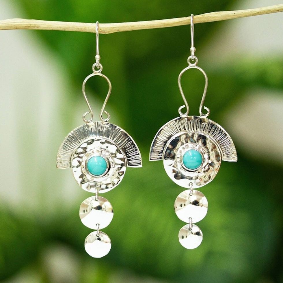 Aztec Style Taxco Silver and Natural Turquoise Earrings 'Aztec Halo'