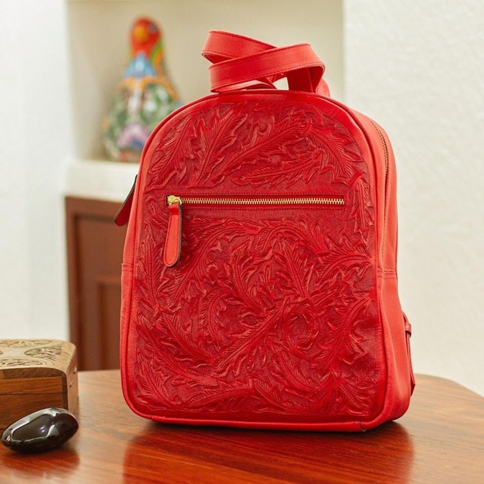 Bright Red Tooled Leather Backpack 'Falling Leaves in Red'