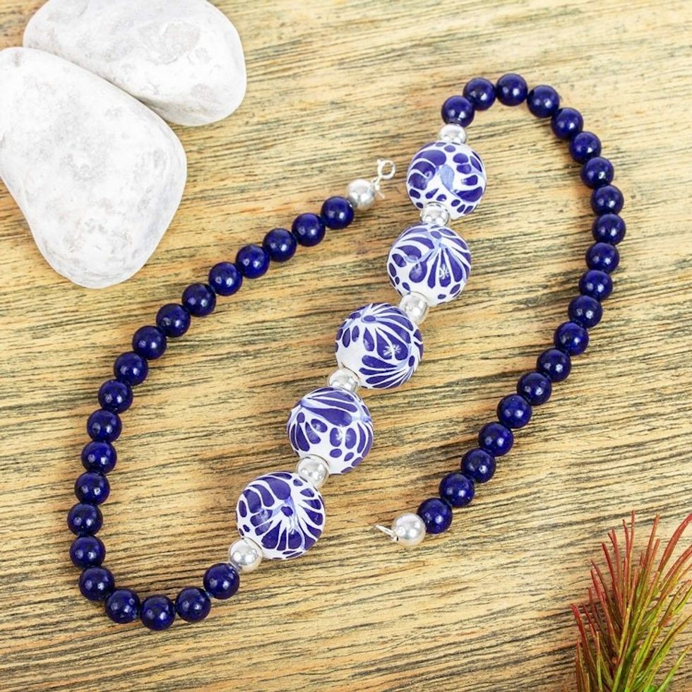 Hand Painted Ceramic Pendant Necklace with Lapis Lazuli 'Cobalt Quintet'