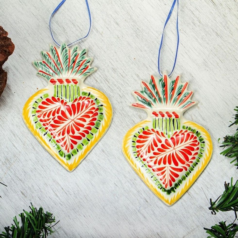 Hand-Painted Ceramic Sacred Heart Ornament Pair 'Sacred Hearts'