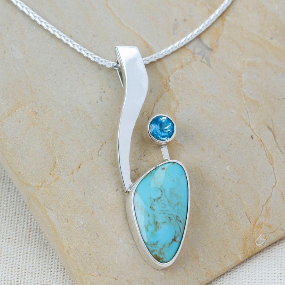 Turquoise and Blue Topaz Silver Pendant Necklace from Mexico 'Western Skies'